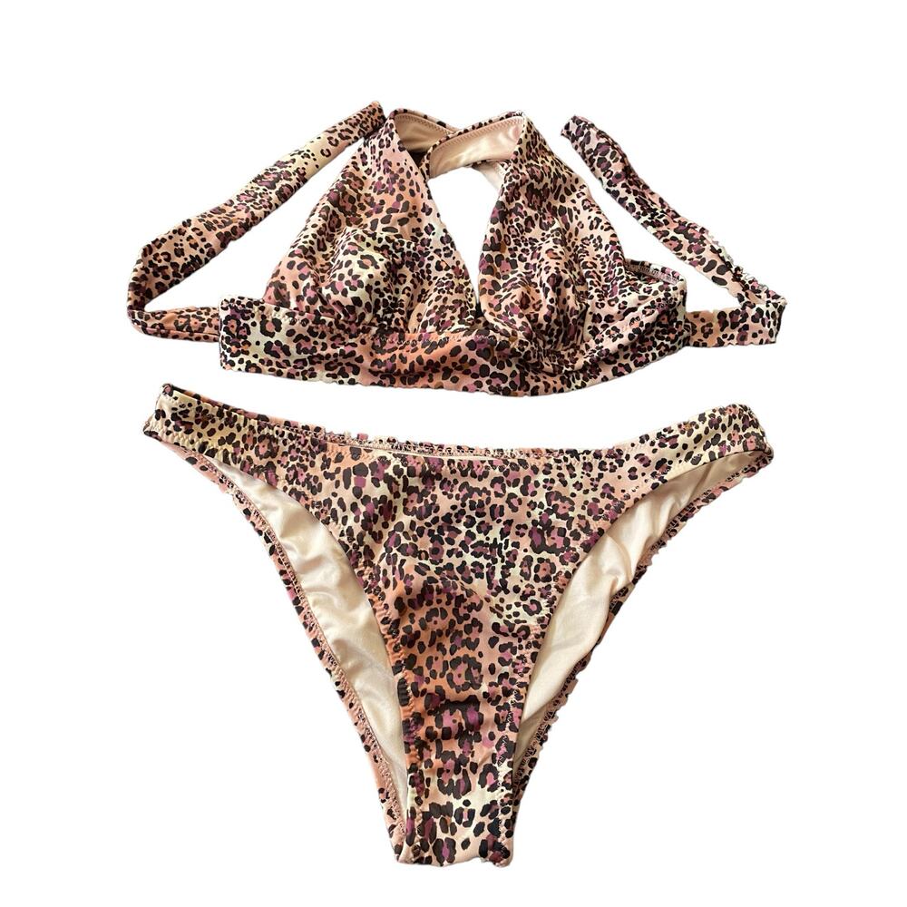 Shade & Shore 2 PC Bikini Animal Print Size Small Brown Pink Halter Swimwear